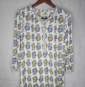 LOFT Shift Dress White Blue Green Floral Henley Collar Knee Length Side Slits S